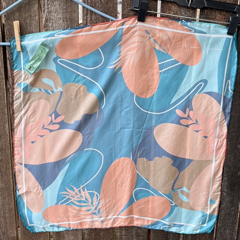 Reyna Noriega x Goody Ouchless Satin Floral Teal and Orange Square Scarf - Picture 3 of 10